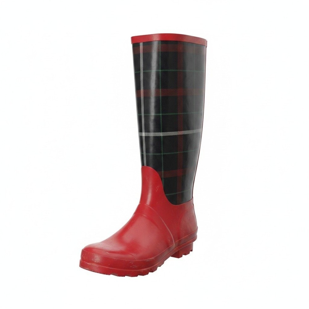 NIB Talbots‎ Winnie Red Plaid Tall Rain Boots Womens Size 7M Waterproof Lug Sole
